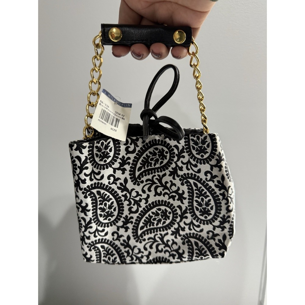 J.McLaughlin Small Devon Purse Black & White Paisley Gold Chain Strap NWT J